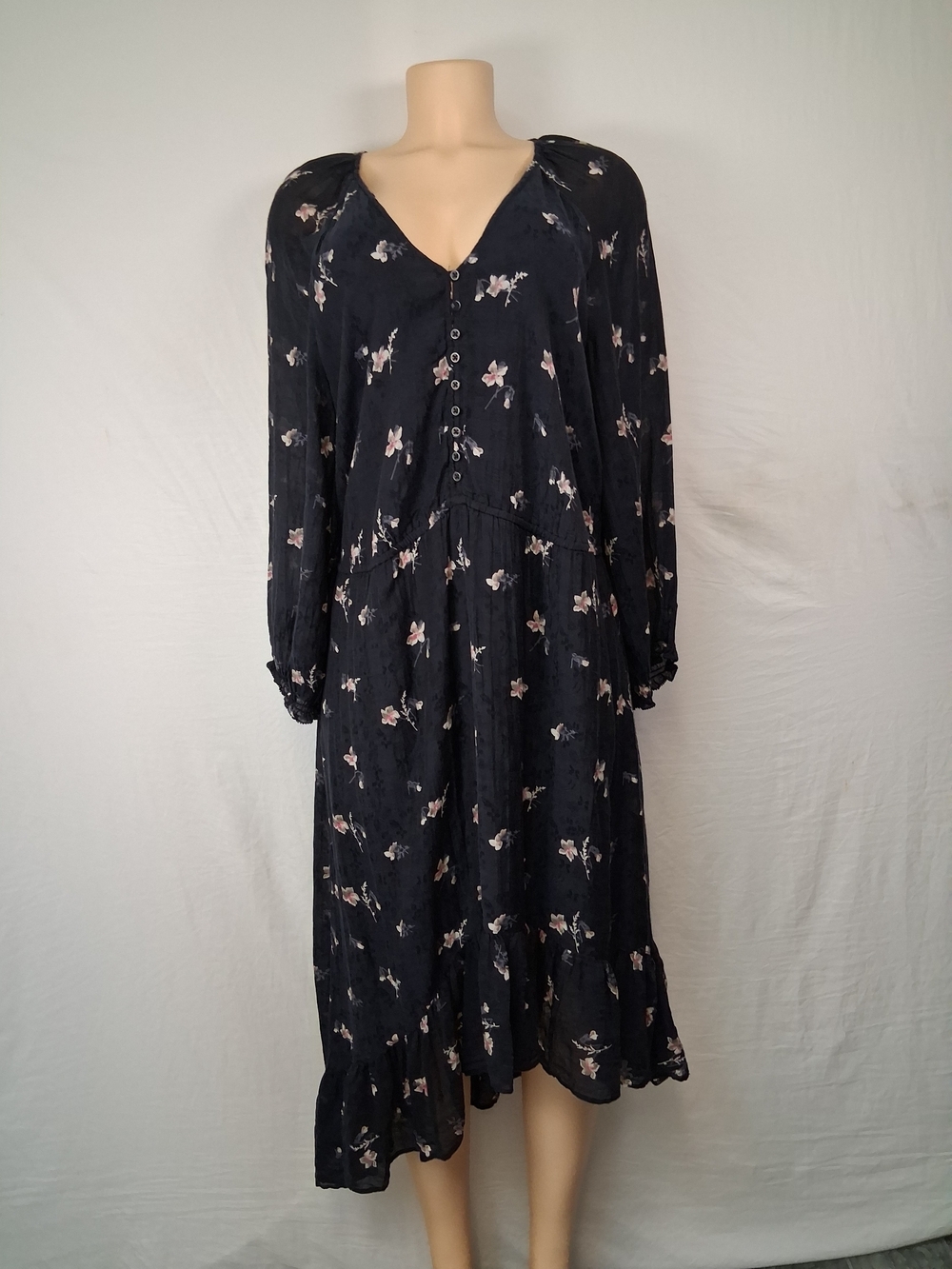 Joie Black Floral Button-Front Long Sleeve Boho spring Midi Dress Size L - Picture 4 of 17